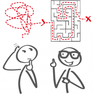 zwei Strichmännchen mit Labyrinth über dem Kopie (Erklärung)
